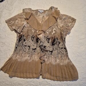 Dressbarn women's 2X blouse pleated ruffle top flowy shimmery tan EUC